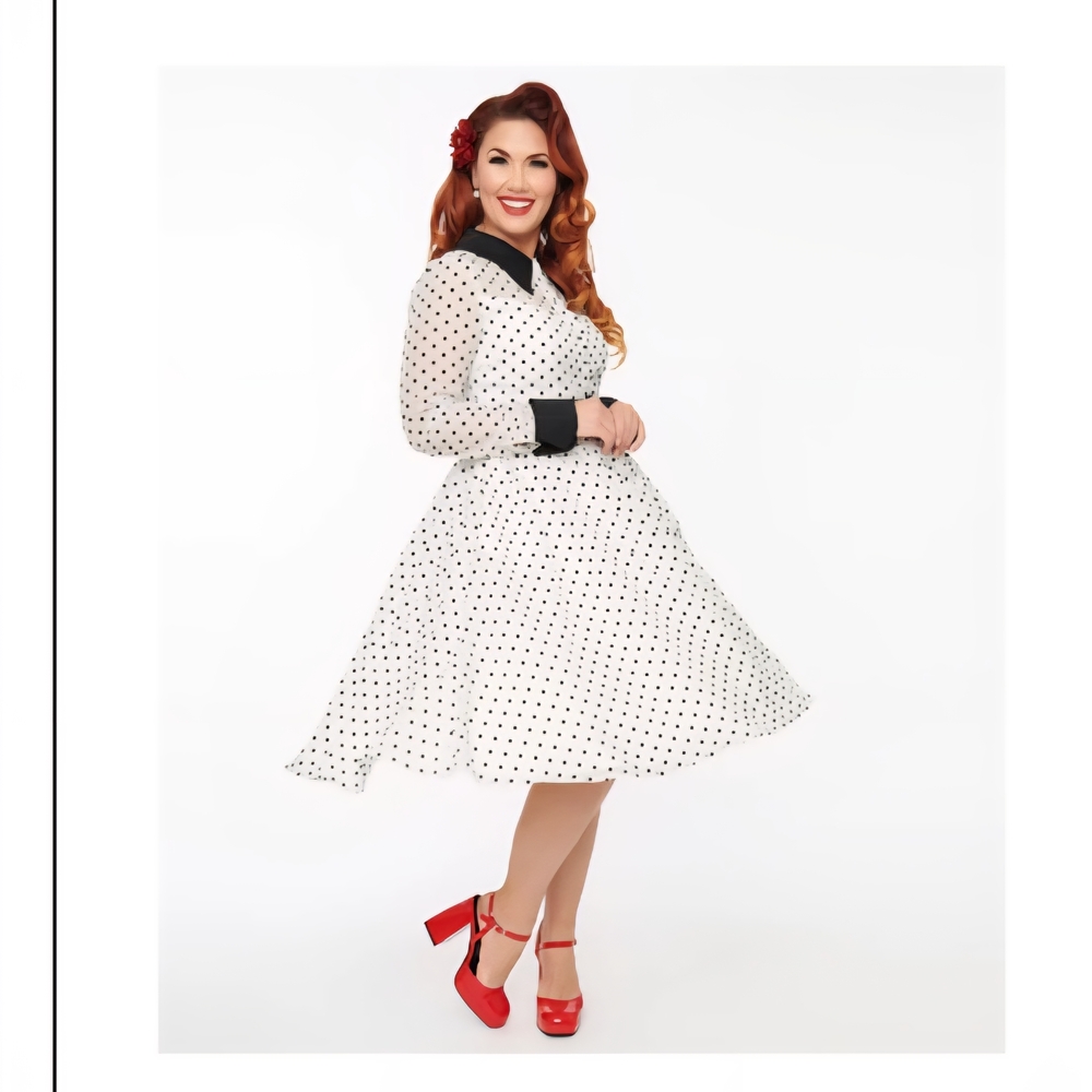 Unique Vintage Black and White Polka Dot Long Sleeve Dress